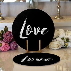 RealHomes Siyah Zeminde Mermer Motifli Love Yazılı Modern 2 1 Yuvarlak Servis Altlığı Supla