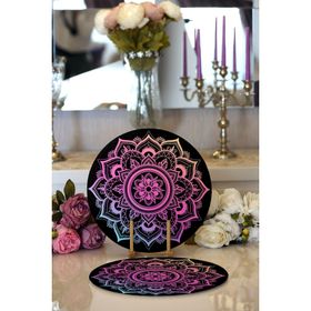 RealHomes Siyah Zeminde Pembe Mavi Mandala Desenli Özel Tasarım Modern 2'li Yuvarlak Servis Altlığı Supla