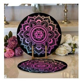RealHomes Siyah Zeminde Pembe Mavi Mandala Desenli Özel Tasarım Modern 2'li Yuvarlak Servis Altlığı Supla