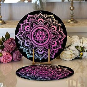 RealHomes Siyah Zeminde Pembe Mavi Mandala Desenli Özel Tasarım Modern 2'li Yuvarlak Servis Altlığı Supla