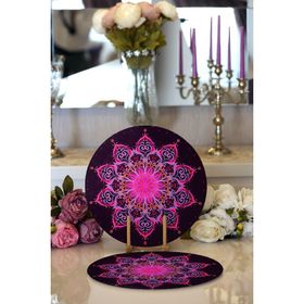 RealHomes Siyah Zeminde Pembe Neon Mandala Desenli Modern 2 1 Yuvarlak Servis Altlığı Supla
