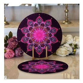 RealHomes Siyah Zeminde Pembe Neon Mandala Desenli Modern 2 1 Yuvarlak Servis Altlığı Supla
