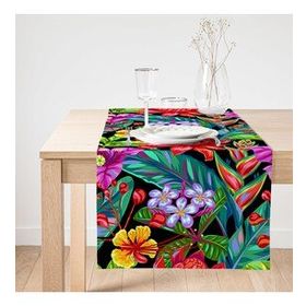 Realhomes Siyah Zeminde Watercolor Bitkiler Motifli Özel Tasarım Süet Runner