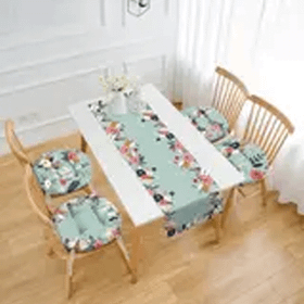 RealHomes Soyut Yeşil Renkli Çiçek Tasarımlı 4 Yuvarlak Pofidik Sandalye Minderi ve 1 Runner Seti