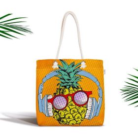 RealHomes Turuncu Zeminde Summer Ananas Tasarımlı Fermuarlı Kumaş Çanta
