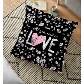 RealHomes YER-2042 Beyaz Çiçekler Love Desenli Dekoratif 70x70 cm Yer Minderi