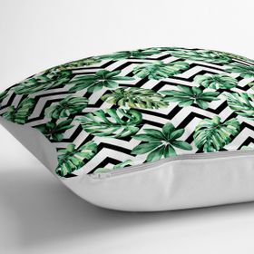 RealHomes YER-2538 Zigzag Siyah Beyaz Şerit Temalı Yaprak Çizimi 70x70 cm Yer Minderi