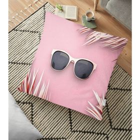 RealHomes YER-3015 Pembe Zeminli Altın Yapraklar ve Gözlük Desenli Dekoratif 70x70 cm Yer Minderi