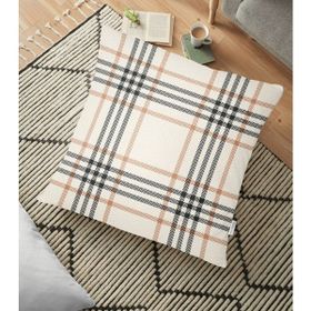 RealHomes YER-3088 Krem Renkte Ekose Desenli Dekoratif 70x70 cm Yer Minderi