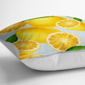 RealHomes YER-3101 Mavi Zeminli Limon Desenli Dekoratif 70x70 cm Yer Minderi