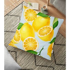 RealHomes YER-3101 Mavi Zeminli Limon Desenli Dekoratif 70x70 cm Yer Minderi