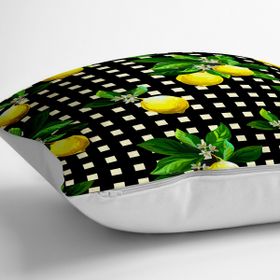 RealHomes YER-3107 Siyah Zeminde Ekose Desenli Limon Baskılı Dekoratif 70x70 cm Yer Minderi