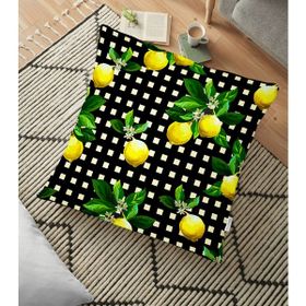 RealHomes YER-3107 Siyah Zeminde Ekose Desenli Limon Baskılı Dekoratif 70x70 cm Yer Minderi