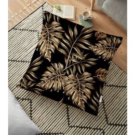 RealHomes YER-3169 Siyah Zeminde Altın Yapraklar Desenli Dekoratif 70x70 cm Yer Minderi