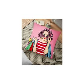 RealHomes YER-3289 Pembe Zeminli Popart Desenli Dekoratif 70x70 cm Yer Minderi