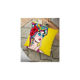 RealHomes YER-3292 Sarı Zeminli Summer Popart Tasarımlı Dekoratif 70x70 cm Yer Minderi