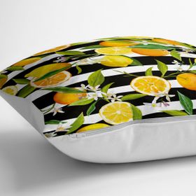 RealHomes YER-3355 Çizgili Siyah Zeminli Limon Desenli Dekoratif 70x70 cm Yer Minderi