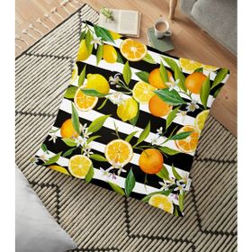 RealHomes YER-3355 Çizgili Siyah Zeminli Limon Desenli Dekoratif 70x70 cm Yer Minderi