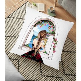 RealHomes YER-3383 Mutluluk Manzarası Suluboya Çizimli Özel Tasarım Dekoratif 70x70 cm Yer Minderi