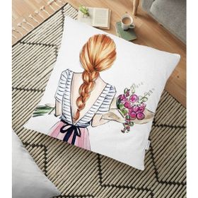 RealHomes YER-3396 Çiçekli Kız Çizimli Modern Dekoratif 70x70 cm Yer Minderi
