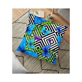 RealHomes YER-3461 Geometrik Zeminli Mavi Kelebek Baskılı 70x70 cm Yer Minderi