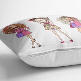 RealHomes YER-3463 Beyaz Zeminde Fashion Girls Tasarımlı Dekoratif 70x70 cm Yer Minderi