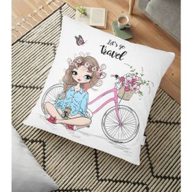 RealHomes YER-3465 Lets Go Travel Bisikletli Kız Tasarımlı Dekoratif 70x70 cm Yer Minderi