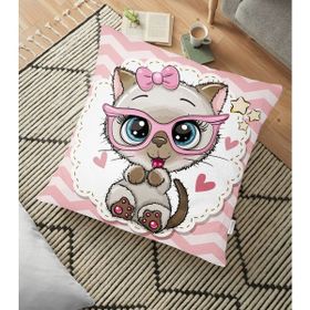 RealHomes YER-3477 Pembe Zeminli Sevimli Kedicik Desenli Dekoratif 70x70 cm Yer Minderi
