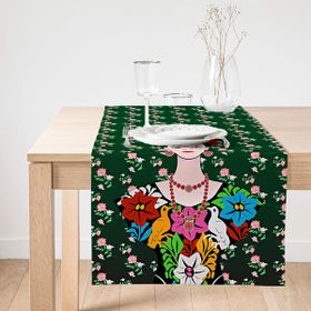 Realhomes Yeşil Zeminde Frida Kahlo Motifli Özel Tasarım Süet Runner