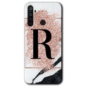 Realme 5I Pembe Mermer Desenli R Harfi Baskılı Uyumlu Silikon Kılıf