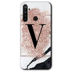 Realme 5I Pembe Mermer Desenli V Harfi Baskılı Uyumlu Silikon Kılıf