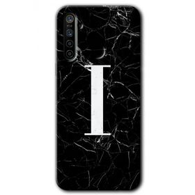 Realme 5I Siyah Mermer Desenli İ Harfi Baskılı Uyumlu Silikon Kılıf