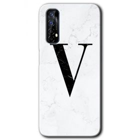 Realme 7 Beyaz Mermer Desenli V Harfi Baskılı Uyumlu Silikon Kılıf