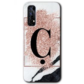 Realme 7 Pembe Mermer Desenli Ç Harfi Baskılı Uyumlu Silikon Kılıf