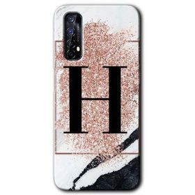 Realme 7 Pembe Mermer Desenli H Harfi Baskılı Uyumlu Silikon Kılıf