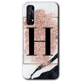 Realme 7 Pembe Mermer Desenli H Harfi Baskılı Uyumlu Silikon Kılıf
