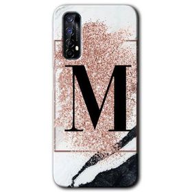 Realme 7 Pembe Mermer Desenli M Harfi Baskılı Uyumlu Silikon Kılıf