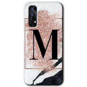 Realme 7 Pembe Mermer Desenli M Harfi Baskılı Uyumlu Silikon Kılıf