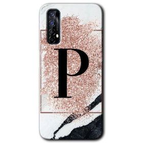 Realme 7 Pembe Mermer Desenli P Harfi Baskılı Uyumlu Silikon Kılıf