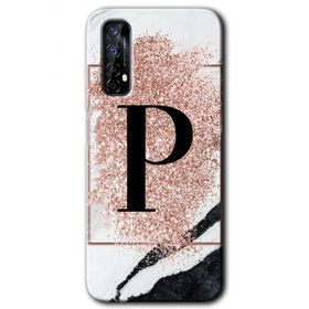 Realme 7 Pembe Mermer Desenli P Harfi Baskılı Uyumlu Silikon Kılıf