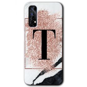 Realme 7 Pembe Mermer Desenli T Harfi Baskılı Uyumlu Silikon Kılıf