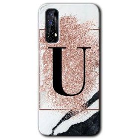Realme 7 Pembe Mermer Desenli U Harfi Baskılı Uyumlu Silikon Kılıf