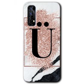 Realme 7 Pembe Mermer Desenli U Harfi Baskılı Uyumlu Silikon Kılıf