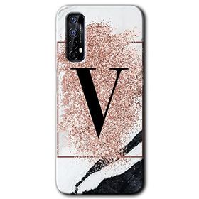 Realme 7 Pembe Mermer Desenli V Harfi Baskılı Uyumlu Silikon Kılıf