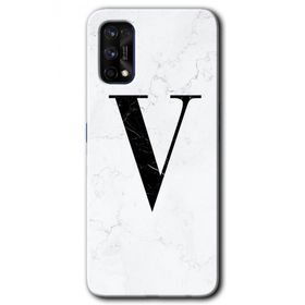 Realme 7 Pro Beyaz Mermer Desenli V Harfi Baskılı Uyumlu Silikon Kılıf