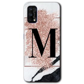 Realme 7 Pro Pembe Mermer Desenli M Harfi Baskılı Uyumlu Silikon Kılıf
