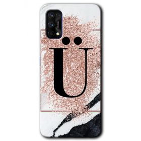 Realme 7 Pro Pembe Mermer Desenli U Harfi Baskılı Uyumlu Silikon Kılıf