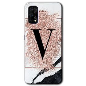 Realme 7 Pro Pembe Mermer Desenli V Harfi Baskılı Uyumlu Silikon Kılıf