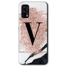 Realme 7 Pro Pembe Mermer Desenli V Harfi Baskılı Uyumlu Silikon Kılıf