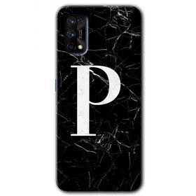Realme 7 Pro Siyah Mermer Desenli P Harfi Baskılı Uyumlu Silikon Kılıf